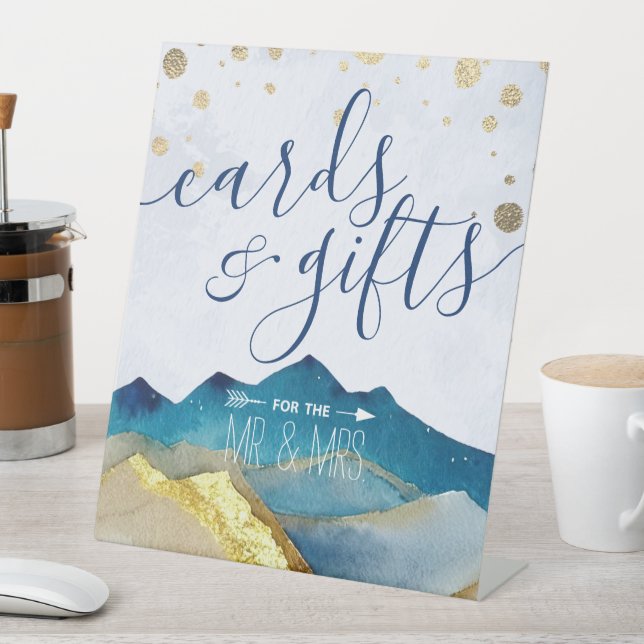 Watercolor Blue Gold Mountains Cards Gifts Wedding Pedestal Sign (In SItu)