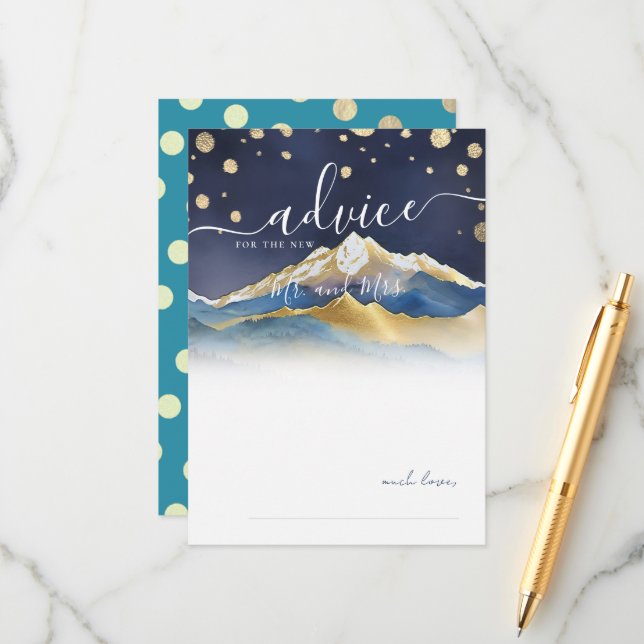Watercolor Blue Gold Mountains Wedding Advice Card (Front/Back In Situ)