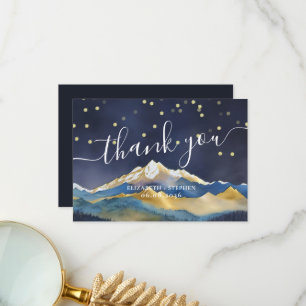 Watercolor Blue & Gold Mountains Wedding Thank You