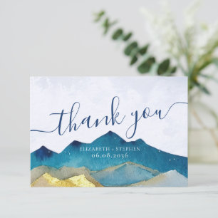 Watercolor Blue & Gold Mountains Wedding Thank You