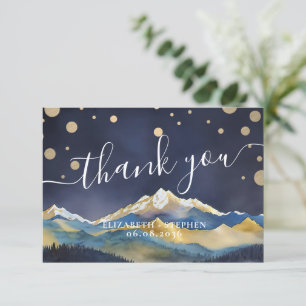 Watercolor Blue & Gold Mountains Wedding Thank You