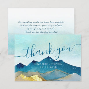 Watercolor Blue & Gold Mountains Wedding Thank You