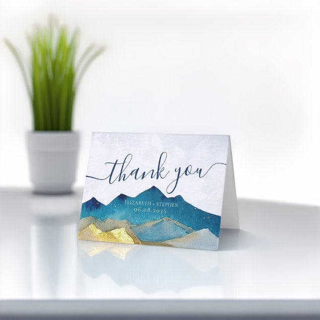 Watercolor Blue & Gold Mountains Wedding Thank You (Creator Uploaded)