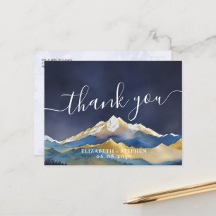 Watercolor Blue & Gold Mountains Wedding Thank You Postcard