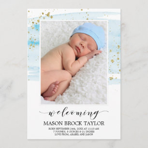 Watercolor Blue & Gold Photo Birth Announcement