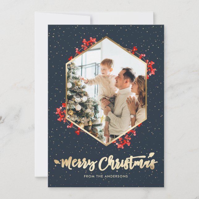 Watercolor Blue Gold Snow Photo Merry Christmas Holiday Card (Front)