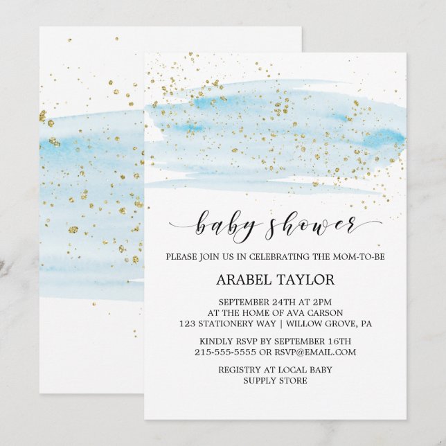 Watercolor Blue & Gold Sparkle Baby Shower Invitation (Front/Back)