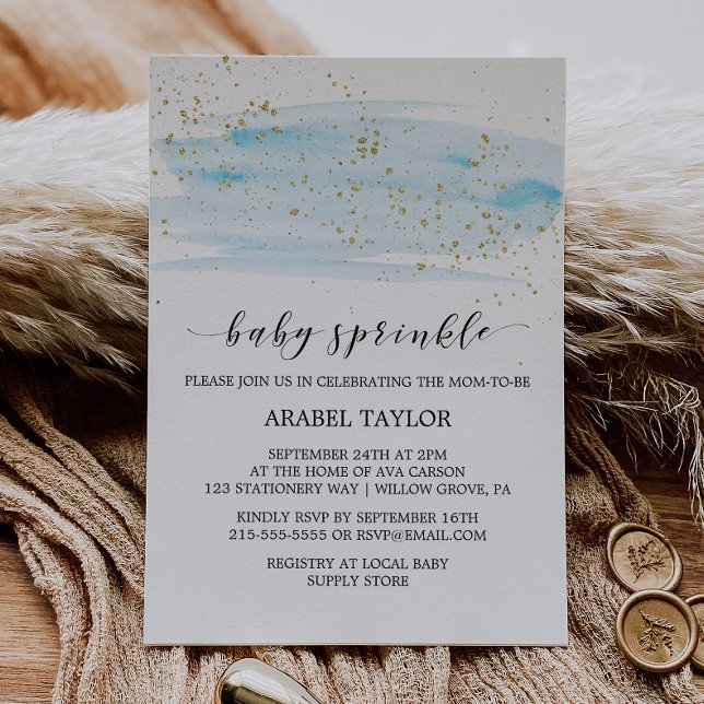 Watercolor Blue & Gold Sparkle Baby Sprinkle Invitation (Creator Uploaded)