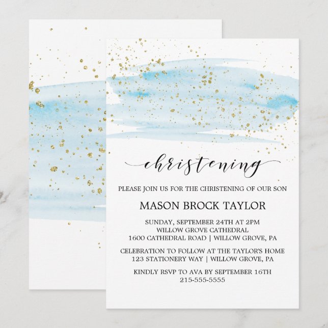 Watercolor Blue & Gold Sparkle Christening Invitation (Front/Back)