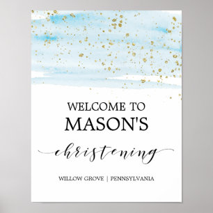Watercolor Blue & Gold Sparkle Christening Welcome Poster