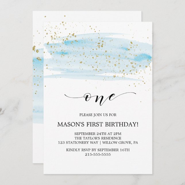 Watercolor Blue & Gold Sparkle First Birthday Invitation (Front/Back)