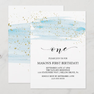 Watercolor Blue & Gold Sparkle First Birthday Invitation