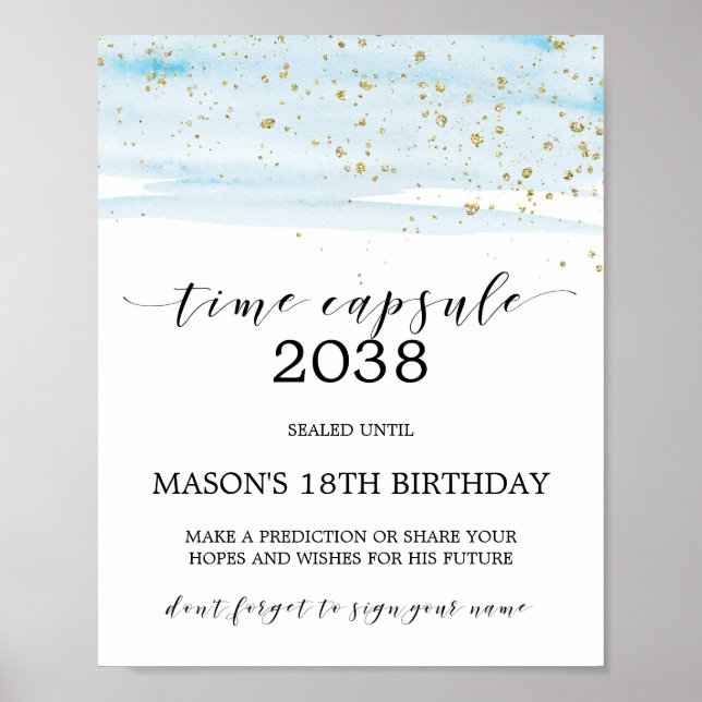Watercolor Blue & Gold Sparkle Time Capsule Sign (Front)