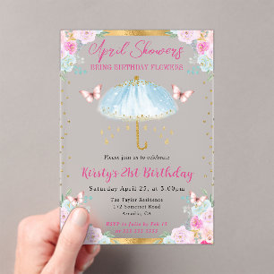 Watercolor Blue Gold Spring Umbrella 21st Birthday Acrylic Invitations