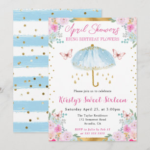 Watercolor Blue Gold Spring Umbrella Sweet Sixteen Invitation