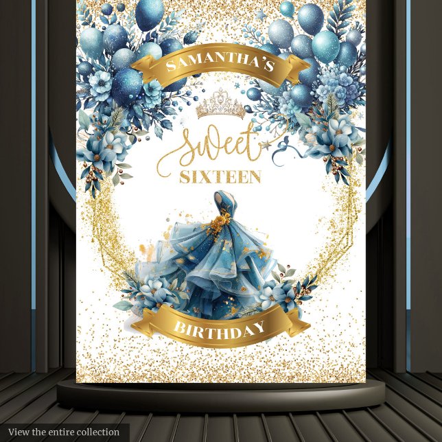Watercolor Blue Gold Sweet Sixteen Balloon Banner Tapestry (Watercolor Blue Gold Sweet Sixteen Balloon Banner Tapestry)