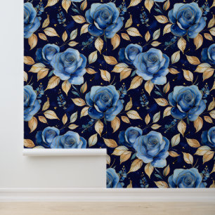 Watercolor Blue Gold Victorian Floral Roses Wallpaper