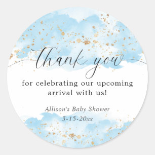 Watercolor blue gold white baby shower thank you classic round sticker