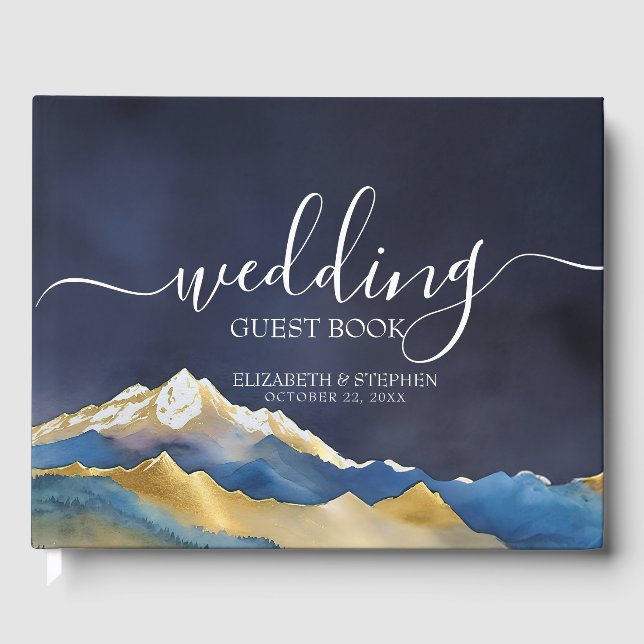 Watercolor Blue Golden Mountain Wedding Guest Book (Front)