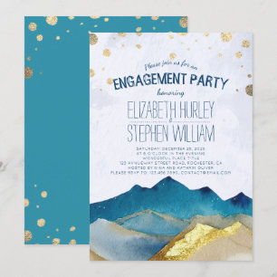 Watercolor Blue Golden Mountains Engagement Party Invitation