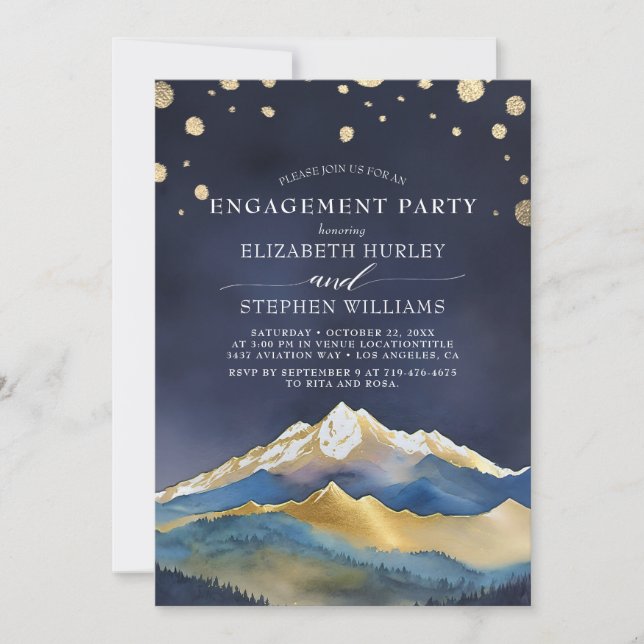 Watercolor Blue Golden Mountains Engagement Party  Invitation (Front)