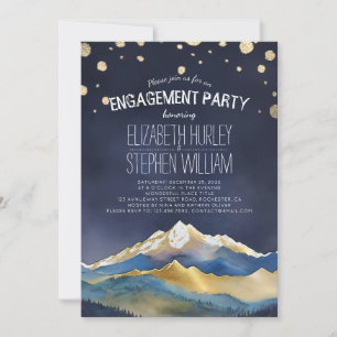 Watercolor Blue Golden Mountains Engagement Party Invitation