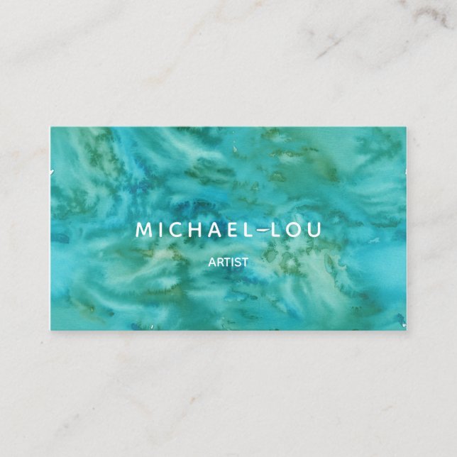 Watercolor Blue Green Artistic Minimal Business Card (Front)