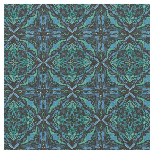 Watercolor Blue Green Azulejo Spanish Tile Fabric (Close Up)