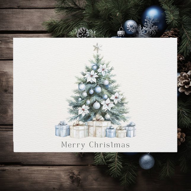 Watercolor Blue Green Christmas Tree Poinsettia Holiday Card (Creator Uploaded)