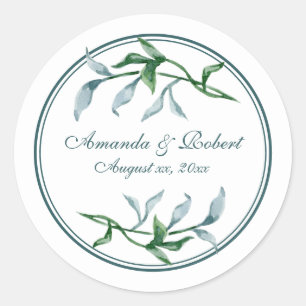Watercolor Blue Green Floral Branches Wedding Classic Round Sticker