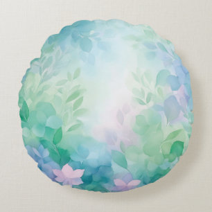 Watercolor Blue Green Floral Round Pillow