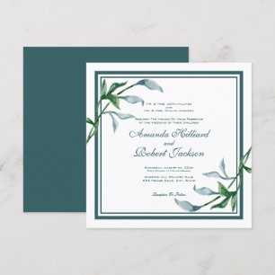 Watercolor Blue Green Leaves, Parent Names Wedding Invitation