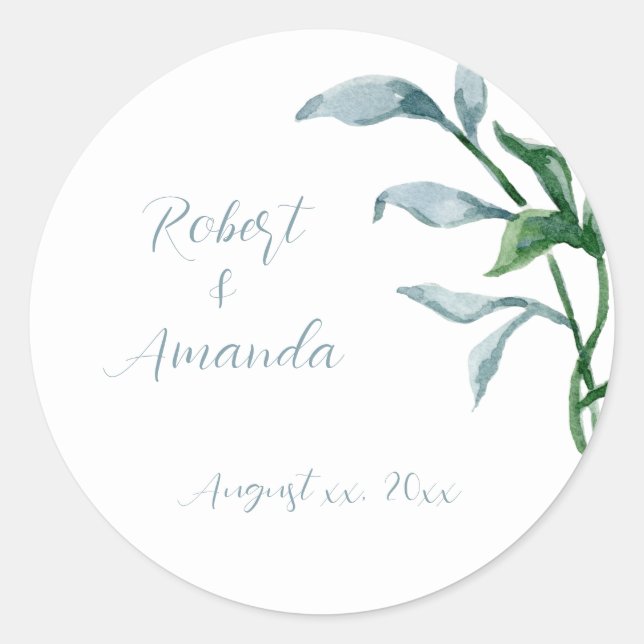 Watercolor Blue Green Leaves Wedding Classic Round Sticker (Front)