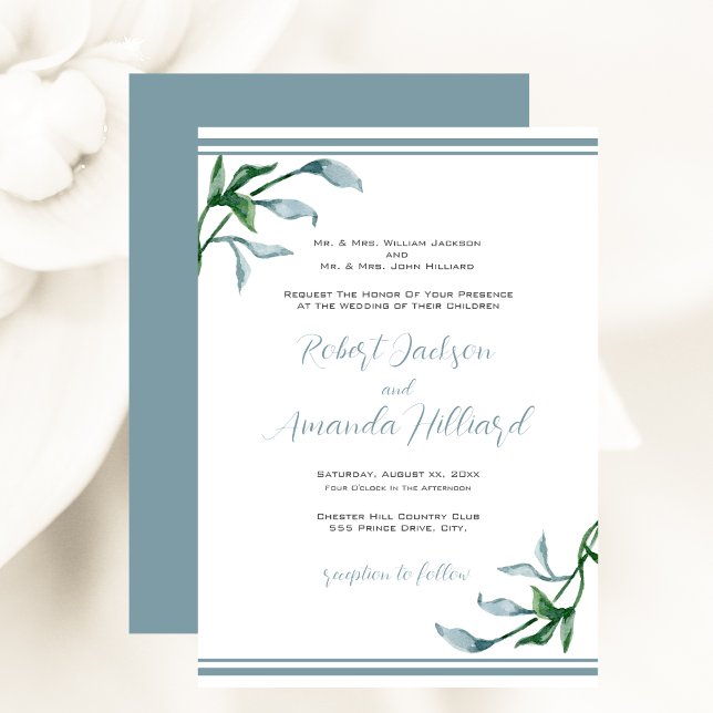 Watercolor Blue Green Leaves Wedding Invitation (Watercolor Blue Green Leaves Wedding Invitation)
