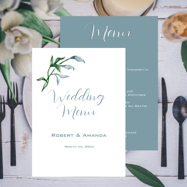 Watercolor Blue Green Leaves Wedding Menu (Watercolor Blue Green Leaves Wedding Menu)