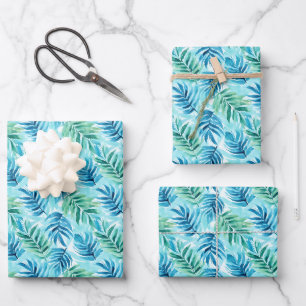 Watercolor Blue & Green Palm Fronds Wrapping Paper Sheet