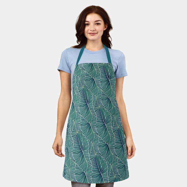 Watercolor Blue Green Teal Tropical Leaves Pattern Apron (Worn)
