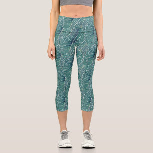 Watercolor Blue Green Teal Tropical Leaves Pattern Capri Leggings