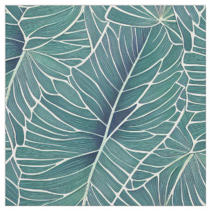 Watercolor Blue Green Teal Tropical Leaves Pattern Fabric