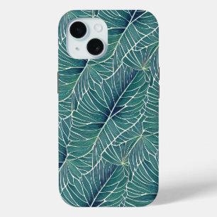 Watercolor Blue Green Teal Tropical Leaves Pattern iPhone 15 Case