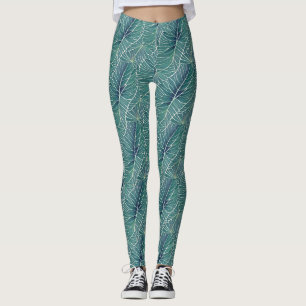 Watercolor Blue Green Teal Tropical Leaves Pattern Leggings