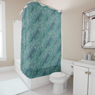 Watercolor Blue Green Teal Tropical Leaves Pattern Shower Curtain
