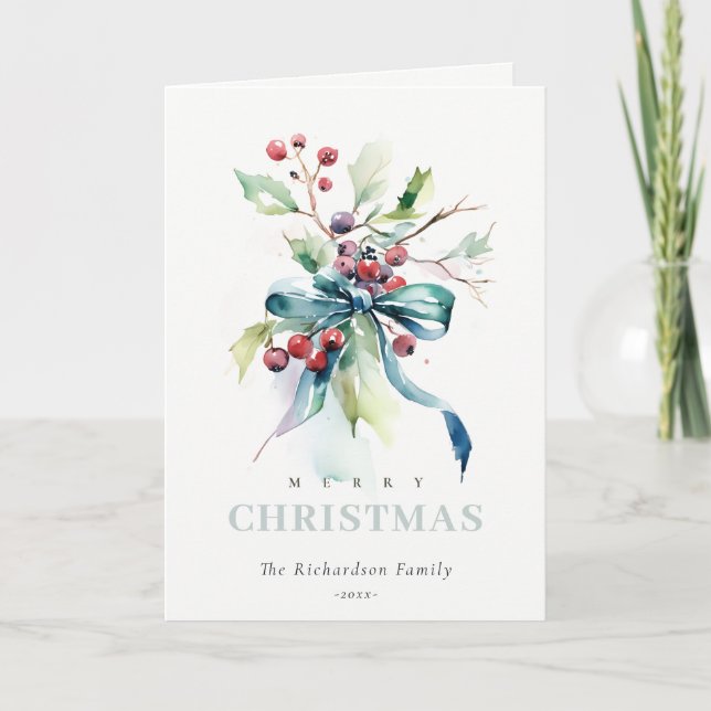 Watercolor Blue Green Winter Berries Christmas Holiday Card (Front)