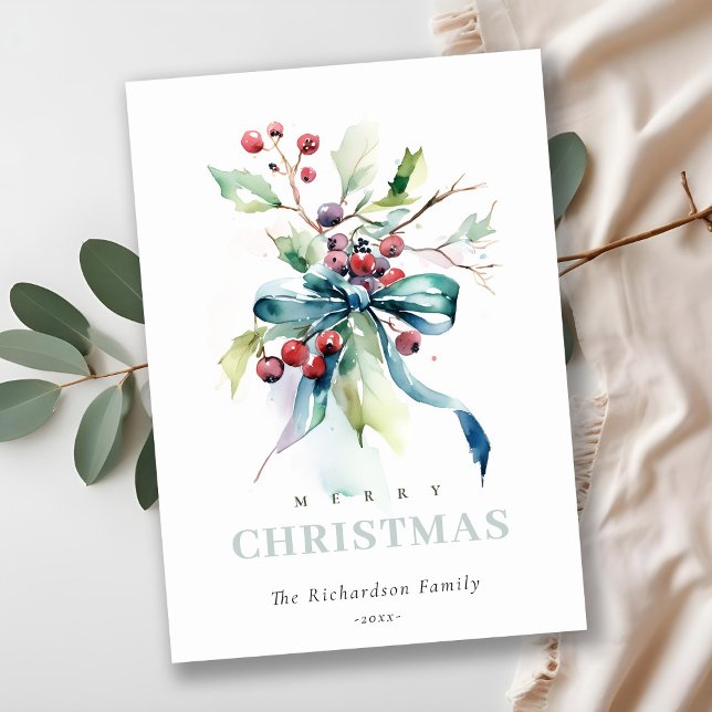 Watercolor Blue Green Winter Berries Christmas Holiday Card (Creator Uploaded)