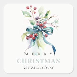 Watercolor Blue Green Winter Berries Christmas Square Sticker