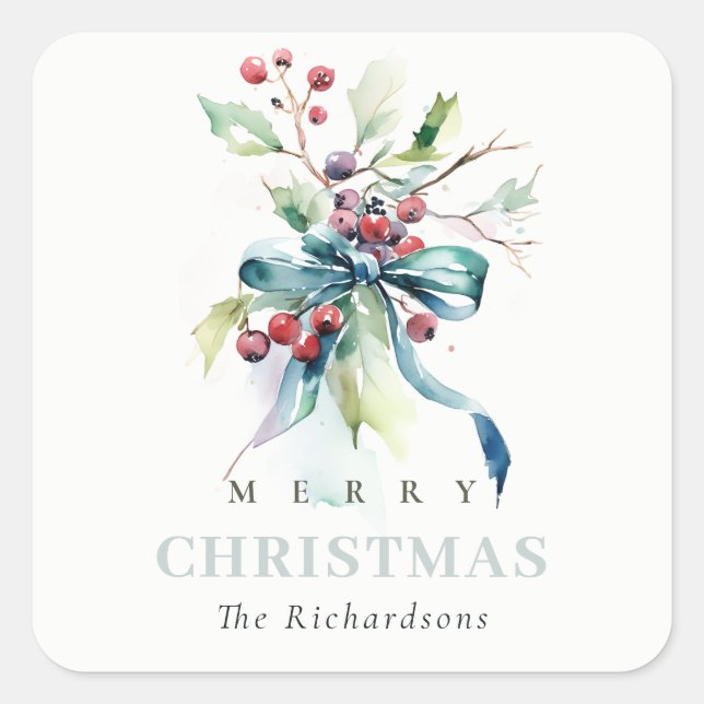Watercolor Blue Green Winter Berries Christmas Square Sticker (Front)
