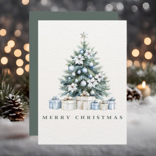 Watercolor Blue Green Winter White Merry Christmas Holiday Card