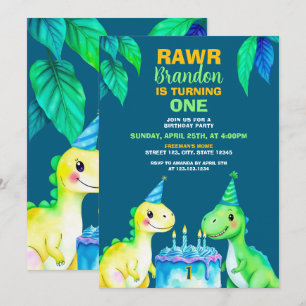 Watercolor Blue Green Yellow Dinosaur 1st Birthday Invitation