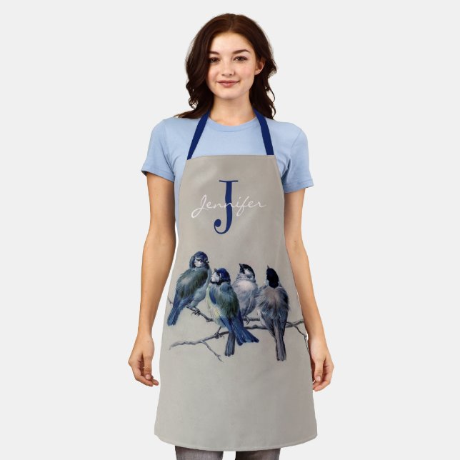 Watercolor Blue Grey Birds Monogram Custom Name Apron (Worn)