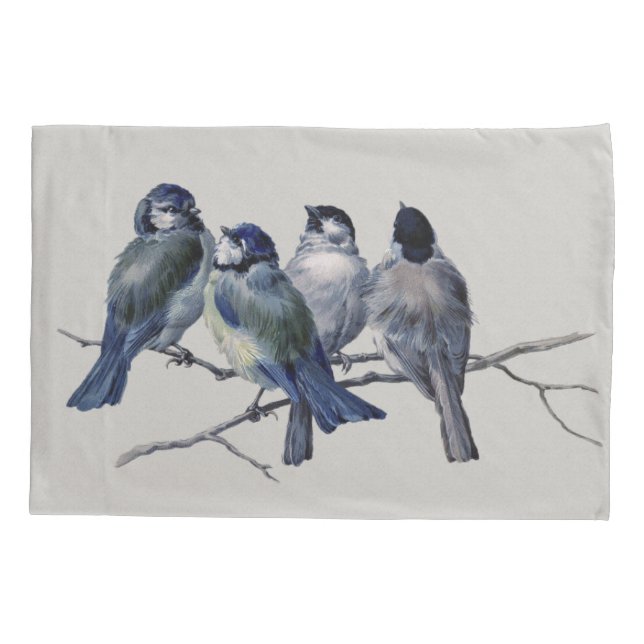 Watercolor Blue Grey Birds on a Branch Pillowcase (Back-Left)